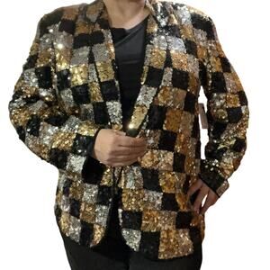 Iris Best Quality Womens Vintage Checkered Sequins Blazer Size 2X